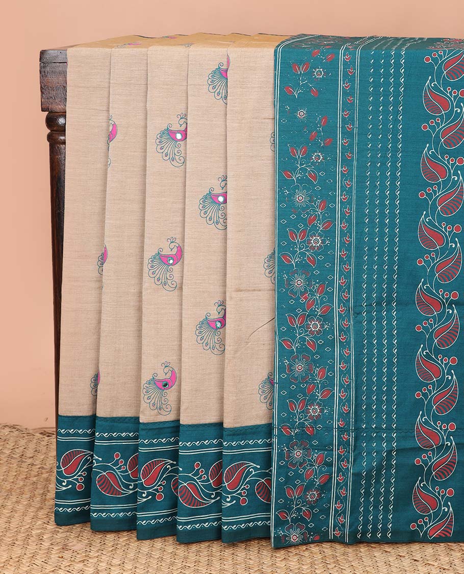 Fawn peacock motifs print and mirror work poly cotton saree, contrast leaf creeper printed border, and leaf printed pallu
