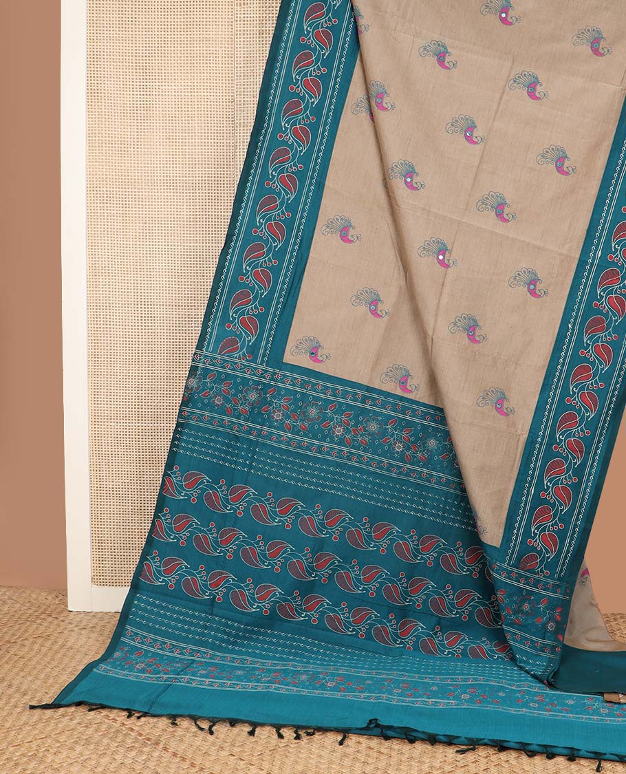 Fawn peacock motifs print and mirror work poly cotton saree, contrast leaf creeper printed border, and leaf printed pallu