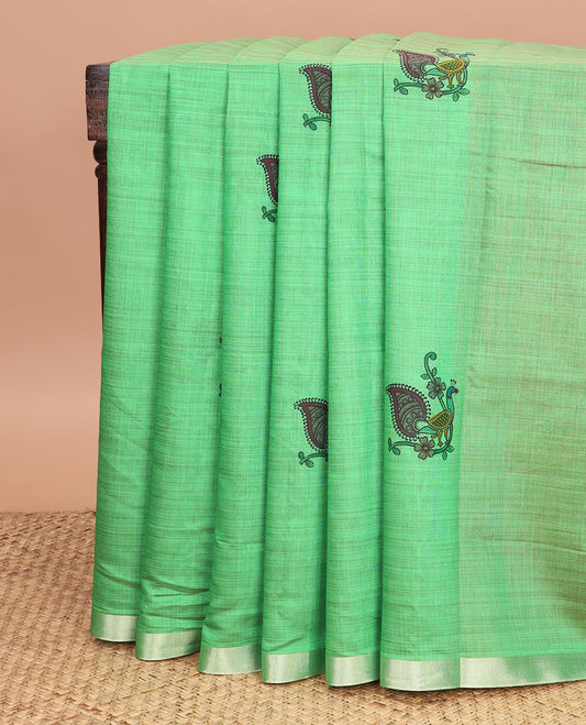 Green peacock buttas printed chirala cotton saree, bavanji border, and contrast floral print pallu