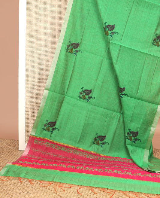 Green peacock buttas printed chirala cotton saree, bavanji border, and contrast floral print pallu