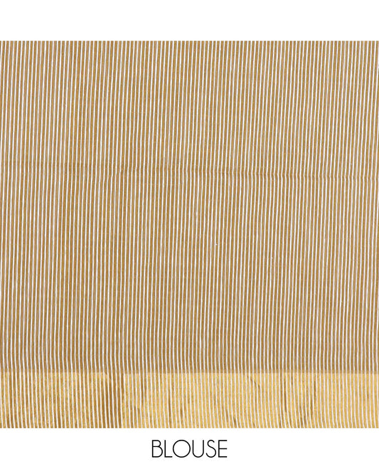 Mustard striped jute cotton saree, zari bavanji border, and striped pallu