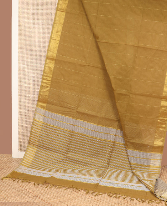 Mustard striped jute cotton saree, zari bavanji border, and striped pallu