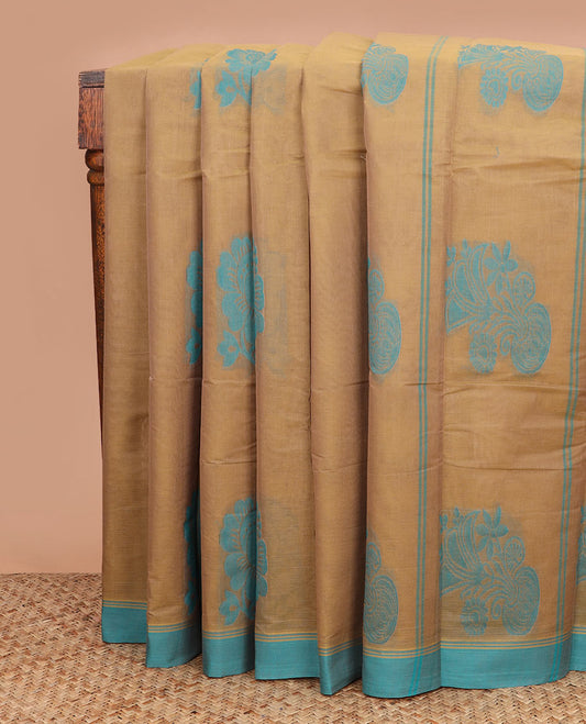 Sandal buttas kanchi cotton saree, contrast plain border, and floral potted pallu