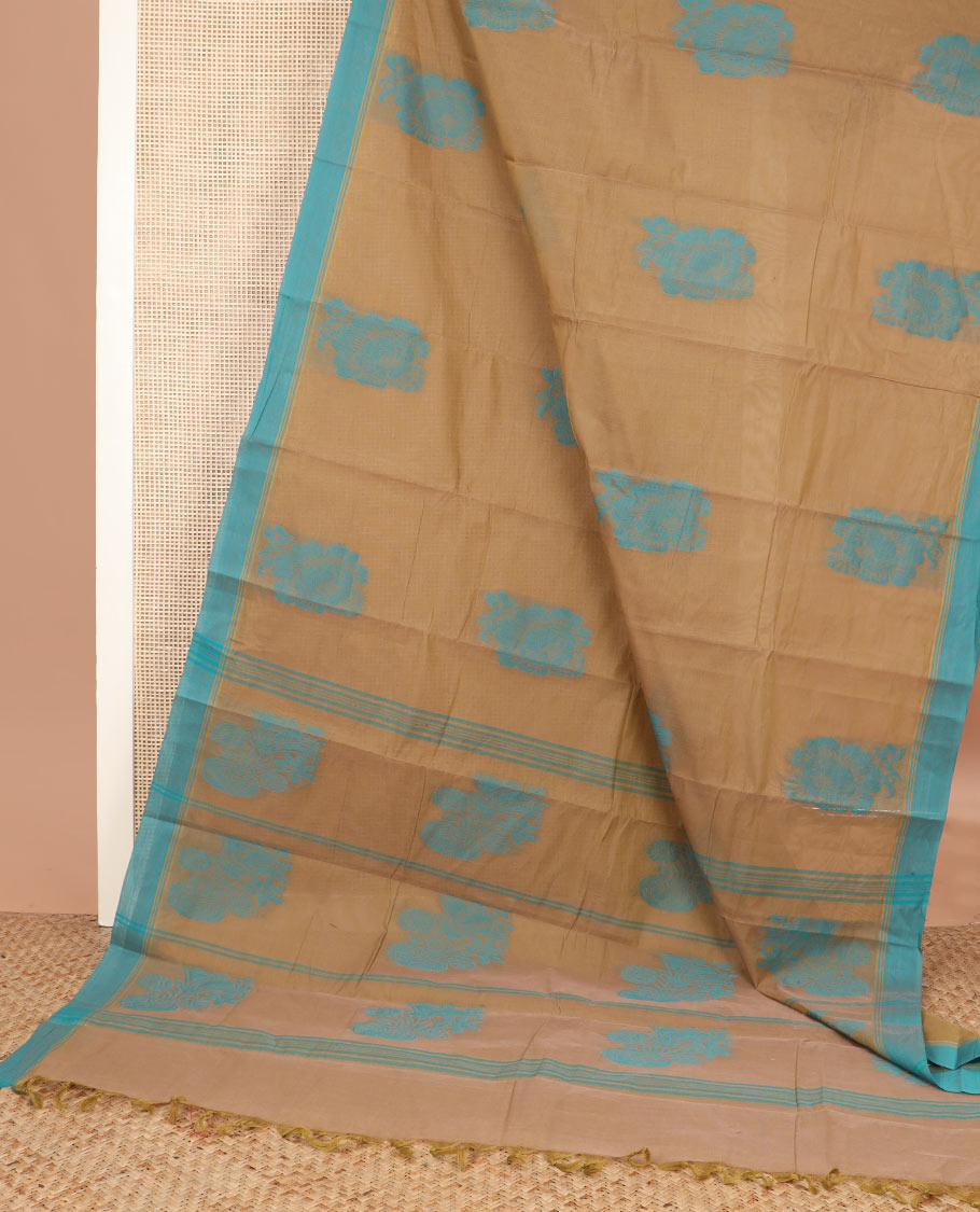 Sandal buttas kanchi cotton saree, contrast plain border, and floral potted pallu
