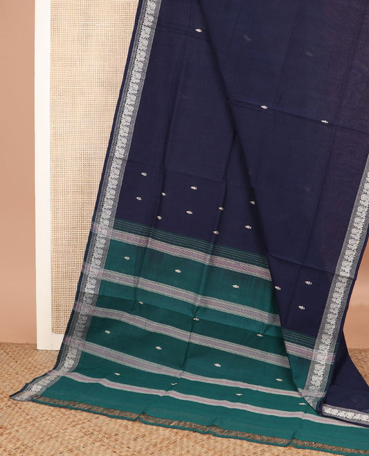 Navy blue buttas and checked Andhra cotton saree, peacock border, and contrast pallu of stripes and buttas