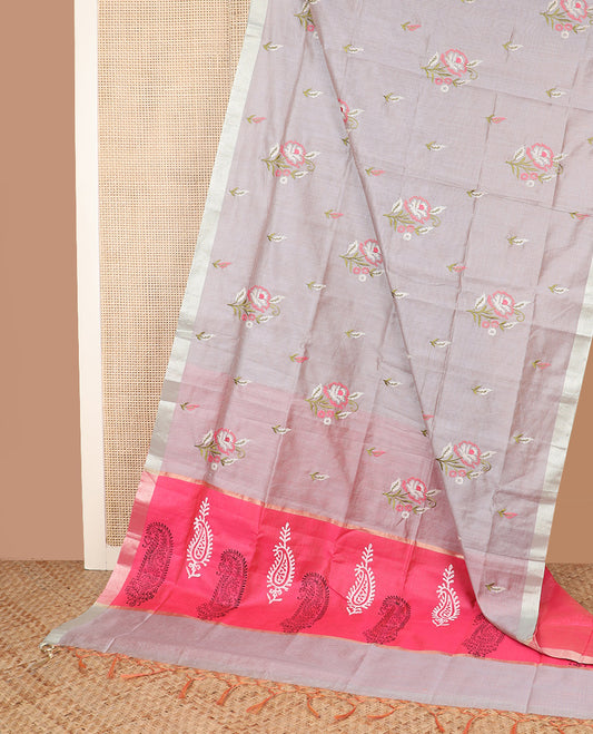 Grey floral embroidered chirala cotton saree, plain border, and contrast paisley printed pallu