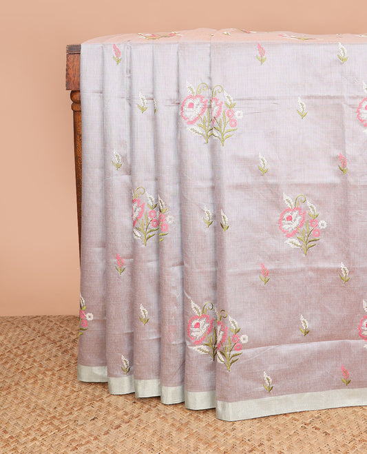 Grey floral embroidered chirala cotton saree, plain border, and contrast paisley printed pallu