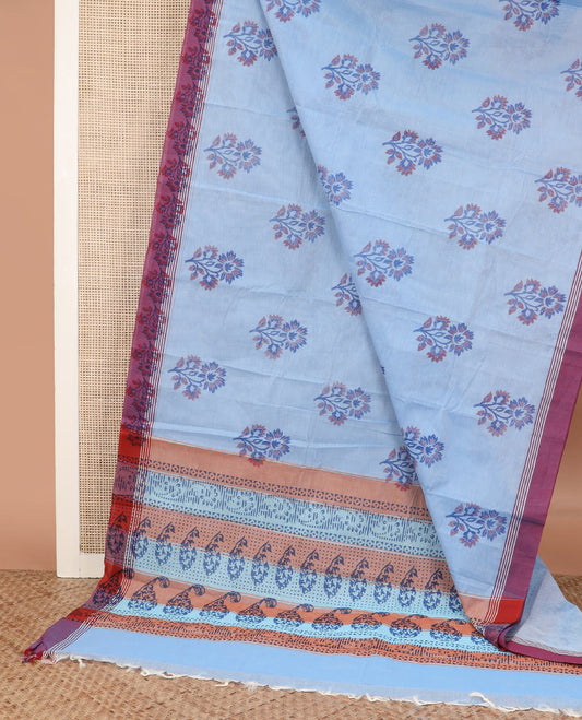 Blue floral buttas Chettinad cotton saree, contrast floral design border, and paisley motifs steeped pallu