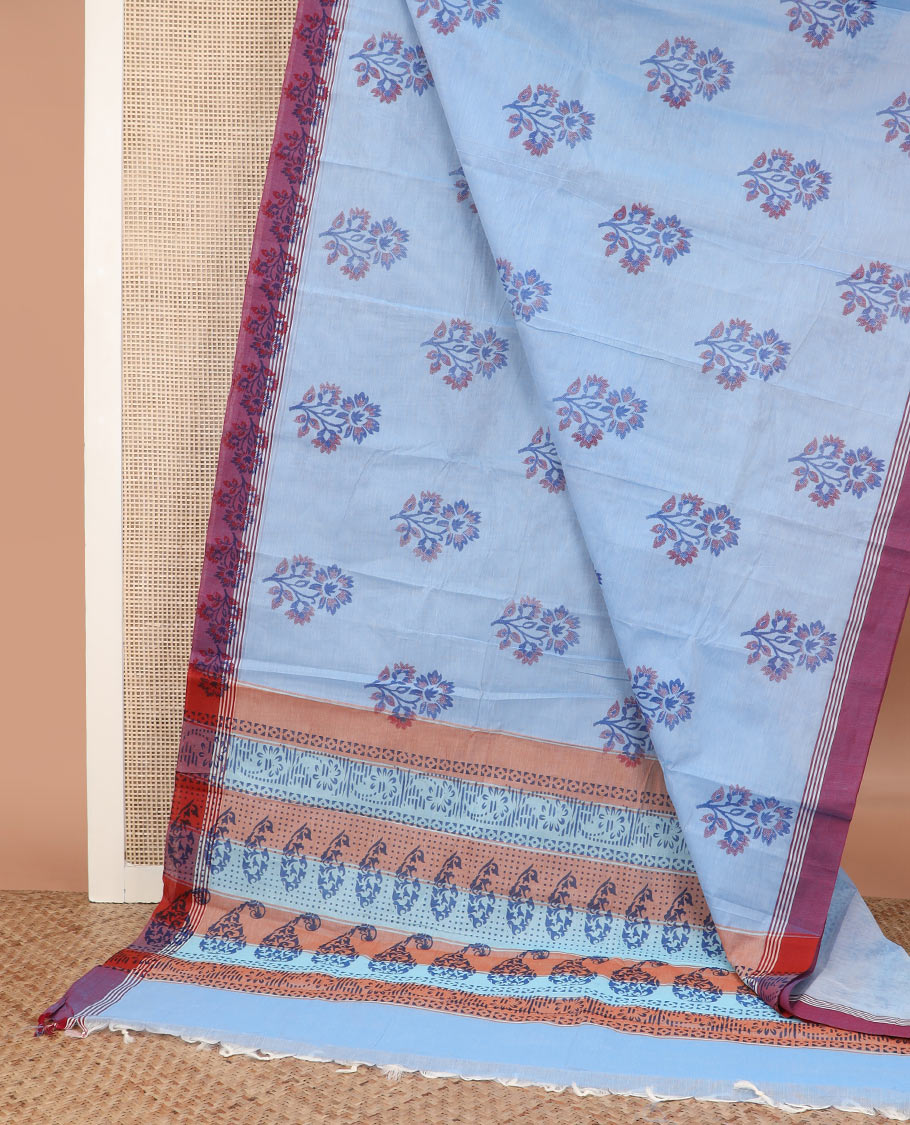Blue floral buttas Chettinad cotton saree, contrast floral design border, and paisley motifs steeped pallu