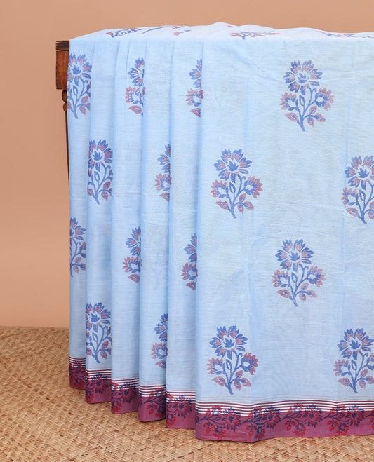 Blue floral buttas Chettinad cotton saree, contrast floral design border, and paisley motifs steeped pallu
