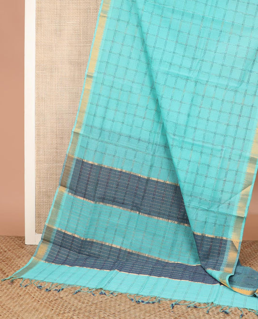 Blue checked Mangalgiri cotton saree, contrast traditional zari border, zari pallu, and a matching blouse