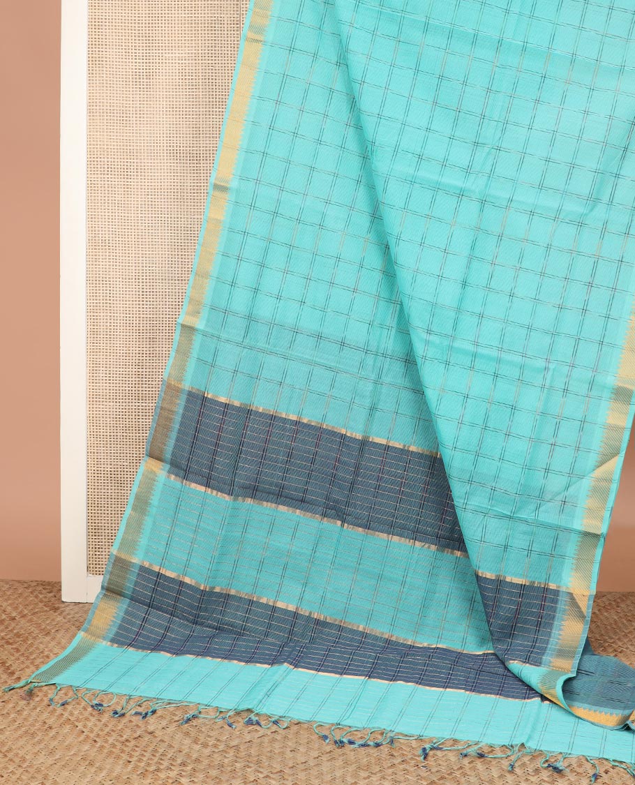 Blue checked Mangalgiri cotton saree, contrast traditional zari border, zari pallu, and a matching blouse
