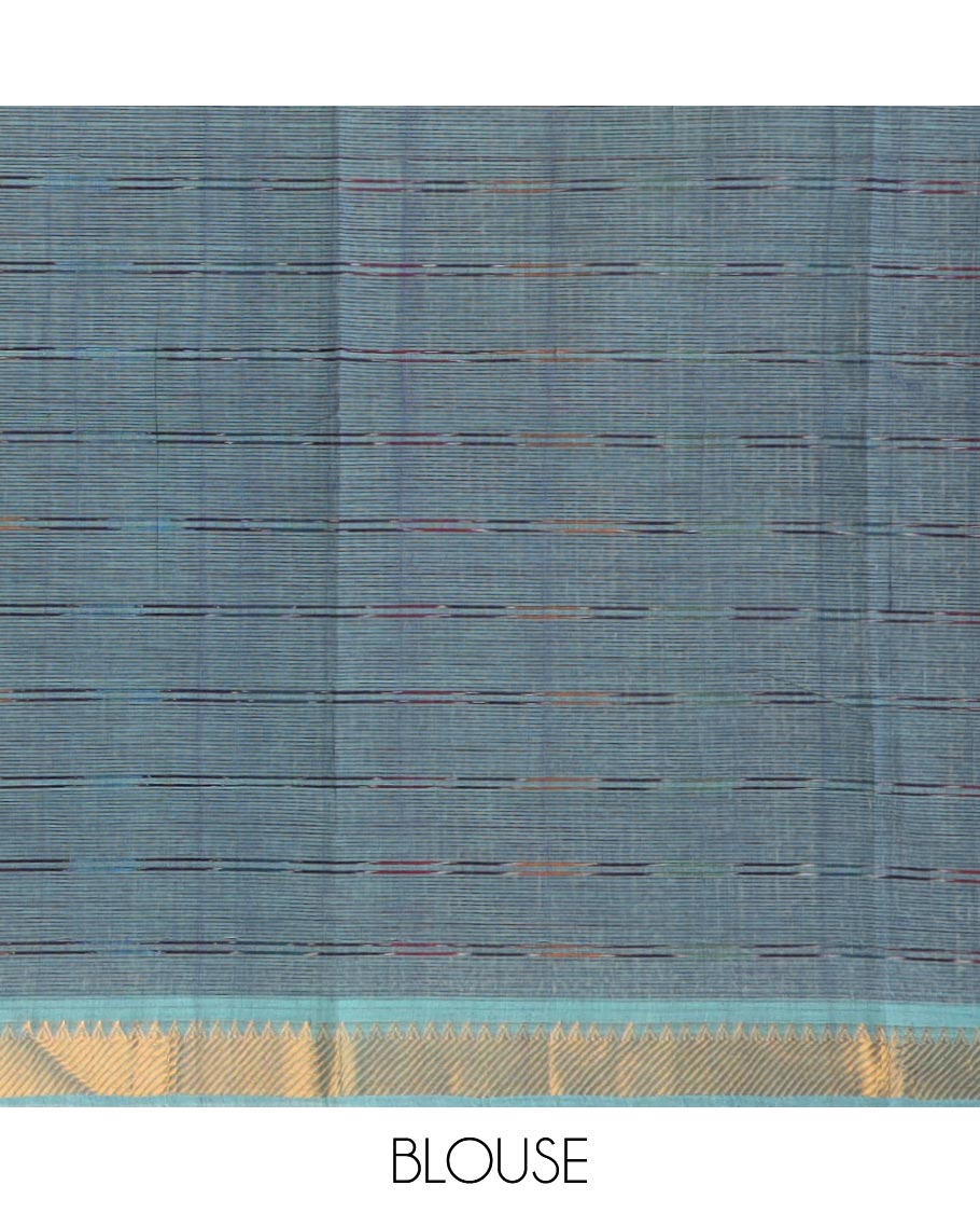 Blue checked Mangalgiri cotton saree, contrast traditional zari border, zari pallu, and a matching blouse