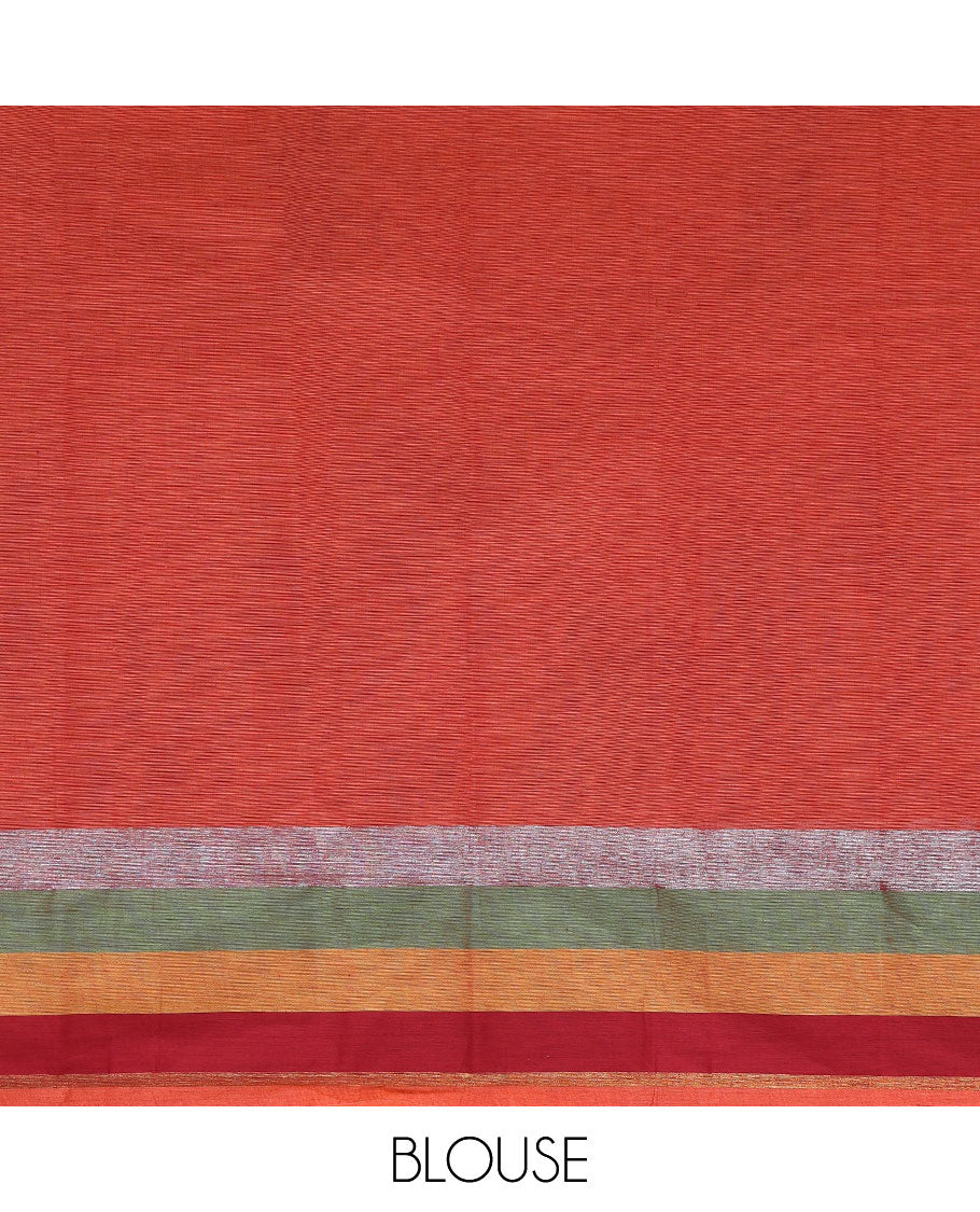 Orange human figurines printed chirala cotton saree, contrast striped border, and pallu of stripes