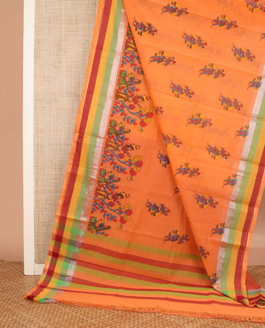 Orange human figurines printed chirala cotton saree, contrast striped border, and pallu of stripes