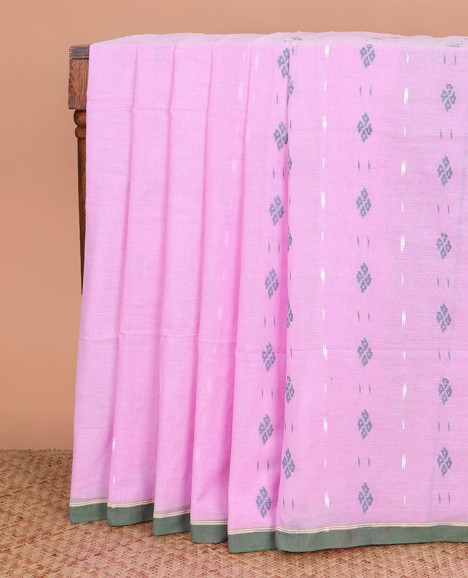 Pink buttas Khadi cotton saree, contrast plain border, and pallu of thread woven jamdani floral designs