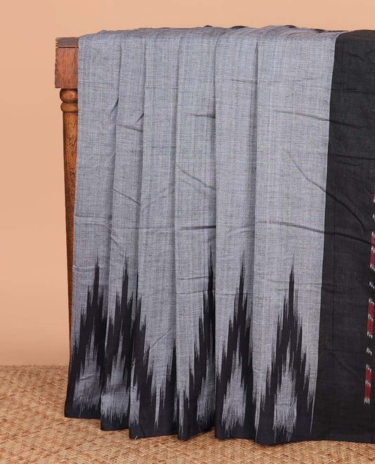 Grey plain ikkat cotton saree, temple border, and contrast ikkat woven pallu