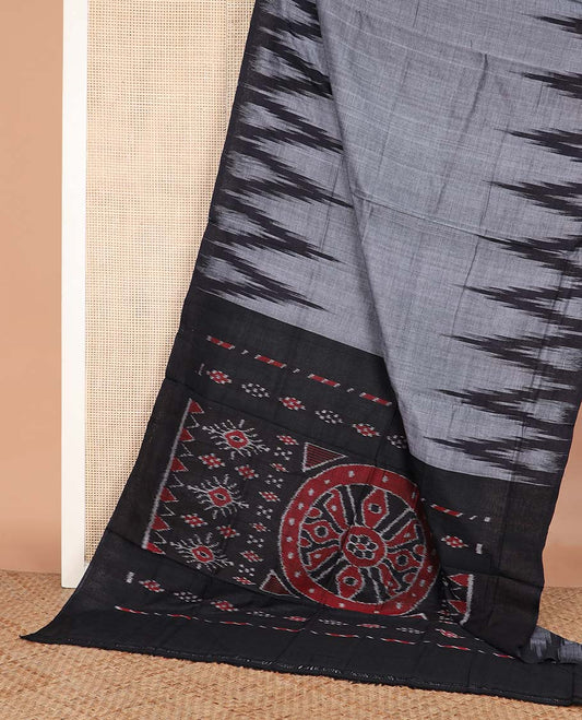 Grey plain ikkat cotton saree, temple border, and contrast ikkat woven pallu