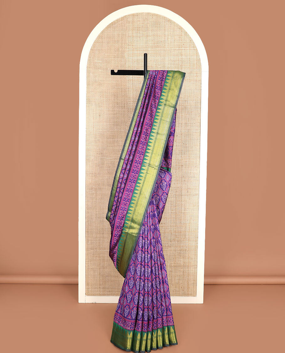Violet floral motif enclosed jaal semi-banaras patola silk saree, contrast temple border, and pallu of floral motifs