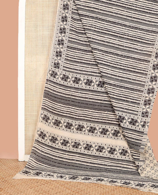 Grey Machine-Printed Kalamkari Cotton Saree, Beautifully Bedecked with Batik Geometric Prints on Its Body, Subtly Printed Border, Pallu of Geometric Print, and Paired with a Printed  Blouse