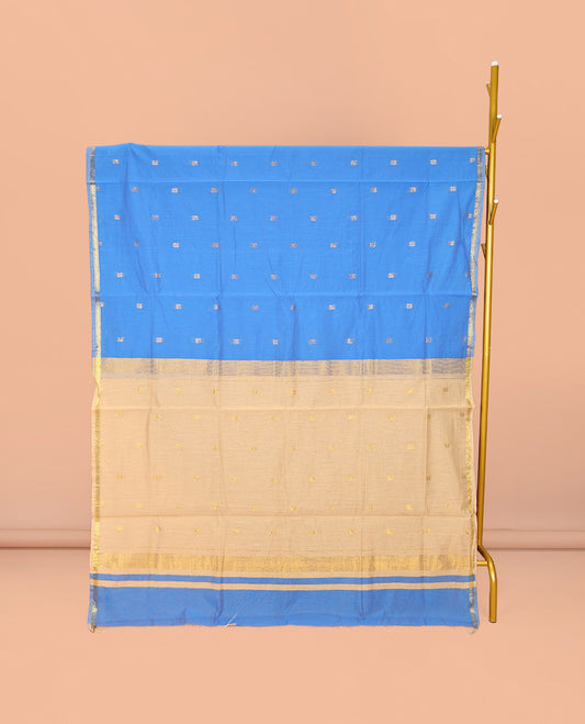 Blue Maheshwari Cotton Saree, Adorned with Buttas All Over Its Body, Subtle Zari Piping Border, Complemented by a Contrast Pallu Steeped with Buttas, and Paired with a Contrast Blouse
