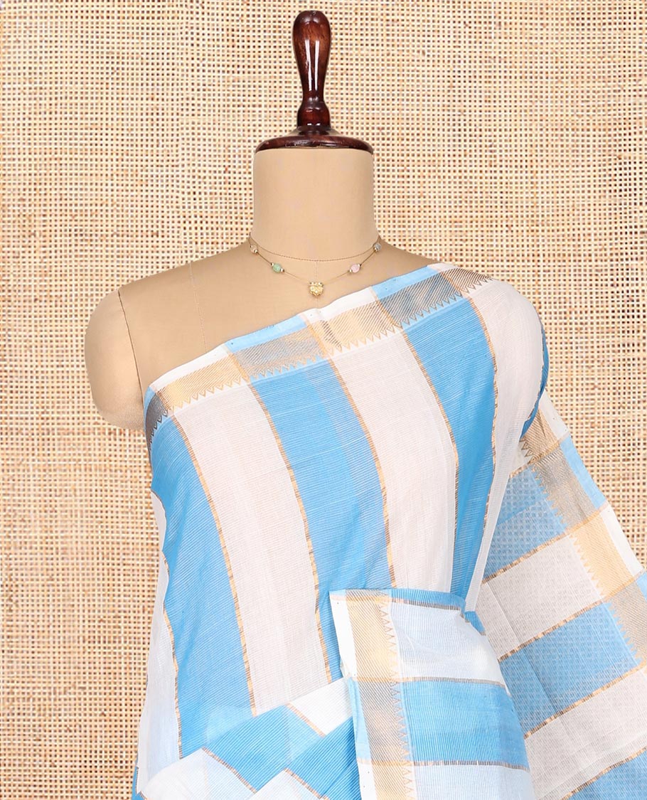 White-Blue Mangalgiri Cotton Saree, Gleamed Up with Stripes on Its Body, Highlighted by Zari Temple Border, Zari-Striped Pallu, and Paired with a Matching Blouse