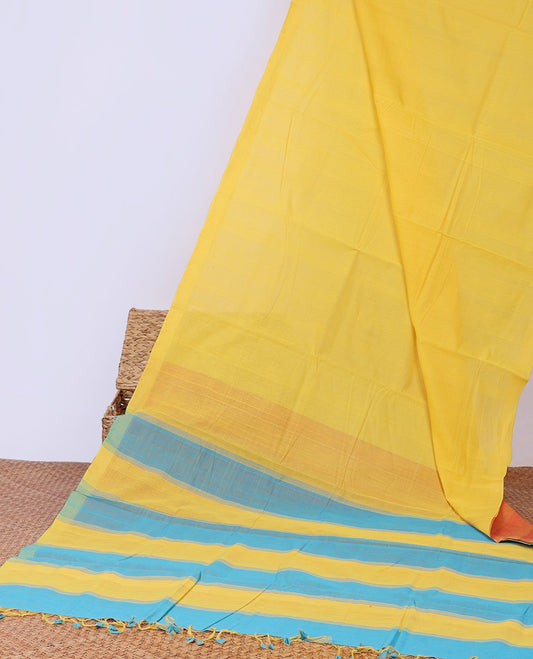 Borderless Yellow khadi cotton saree with striped design pallu