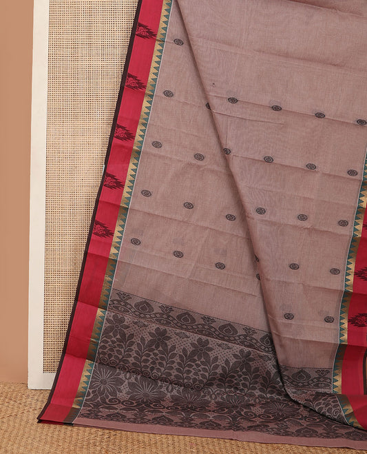 Pale brown circle motifs kanchi cotton saree, contrast zari temple border of peacock designs & floral design pallu