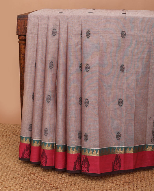 Pale brown circle motifs kanchi cotton saree, contrast zari temple border of peacock designs & floral design pallu