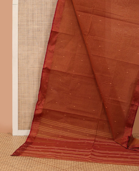 Rust buttas Bengal cotton saree, contrast floral creeper thread border & pallu of buttas & stripes