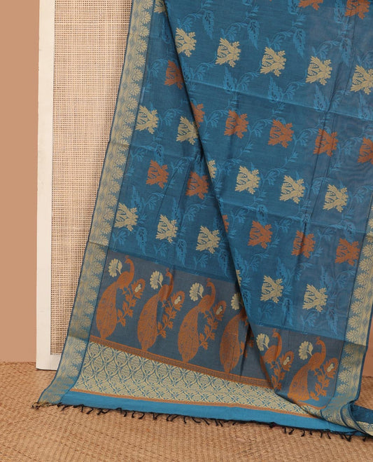 Blue parrot motifs Kanchi cotton saree, traditional border, and pallu of peacock, and ogee patterns