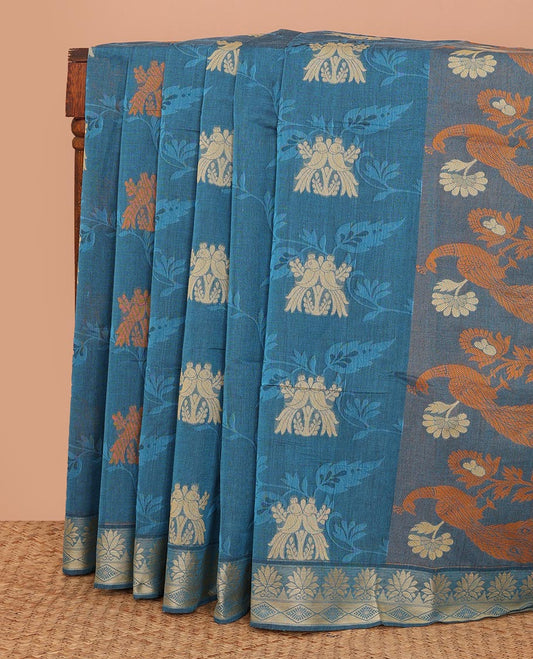 Blue parrot motifs Kanchi cotton saree, traditional border, and pallu of peacock, and ogee patterns