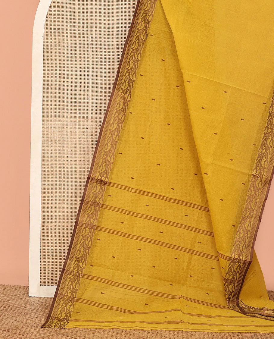 Mustard Bengal Cotton Saree, Delicately Woven with Buttas, a Self-Border of Vine Design, Striped Pallu, and No Blouse