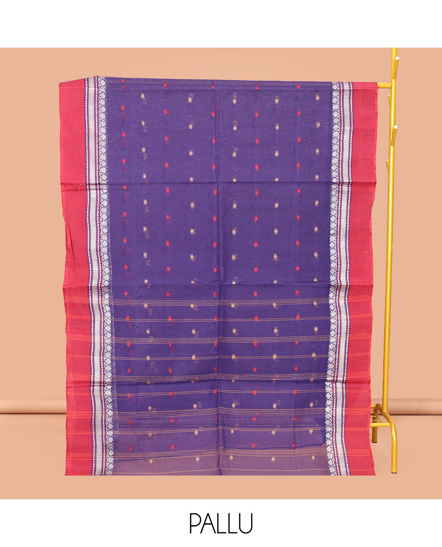 Violet Bengal Cotton Saree, Decked Up with Thread Buttas, a Contrast Traditional Design Border, Pallu of Stripes, and Buttas, and a Matching Blouse