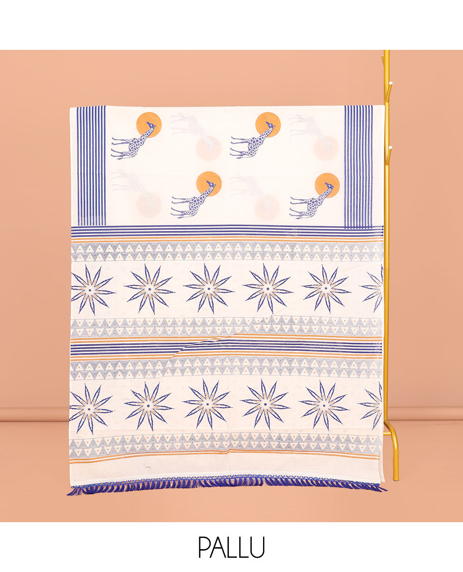 Cream Kerala Cotton Saree, Embellished with Sun and Giraffe Motifs, a Subtle Striped Border, and a Matching Blouse