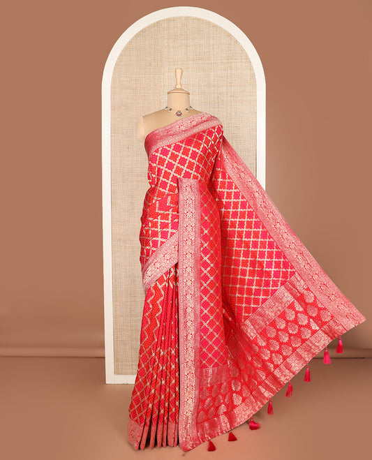 Red bandhani dottes enclosed jaal dola silk saree, traditional zari border, and pallu of intricate designs