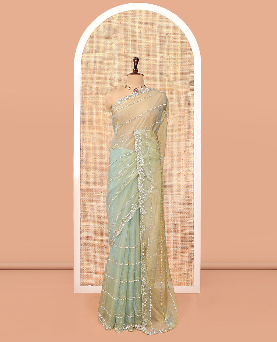 Pista Green Stone-Kardana Work Organza Designer Saree with a Scallop Embroidery Border, Matching Blouse