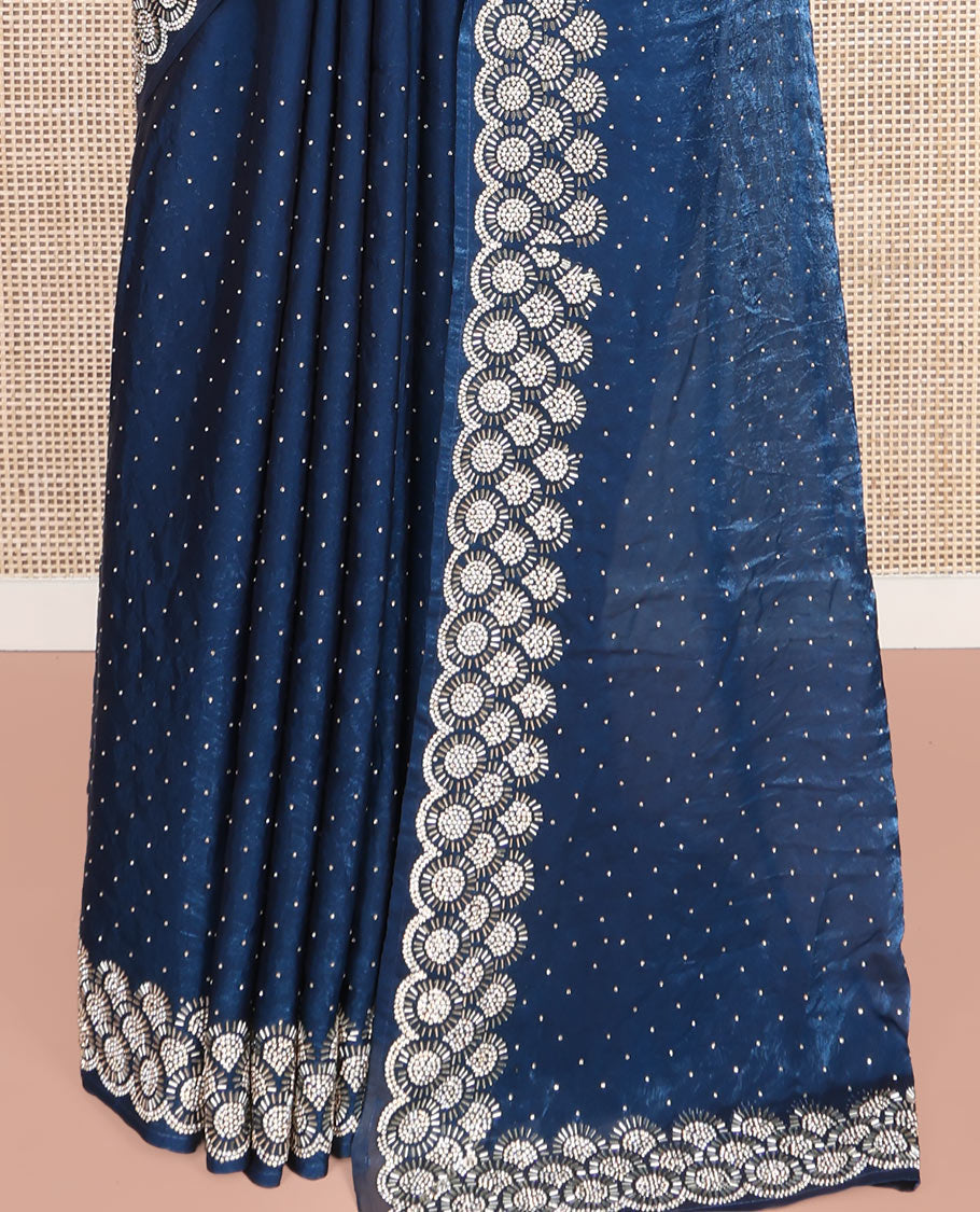 Blue Designer Saree, Prettified with Stone Struck on Its Body, Highlighted by a Stone Embroidered Scallop Border, Self-Pallu, and Paired with a Stone Work Matching Blouse