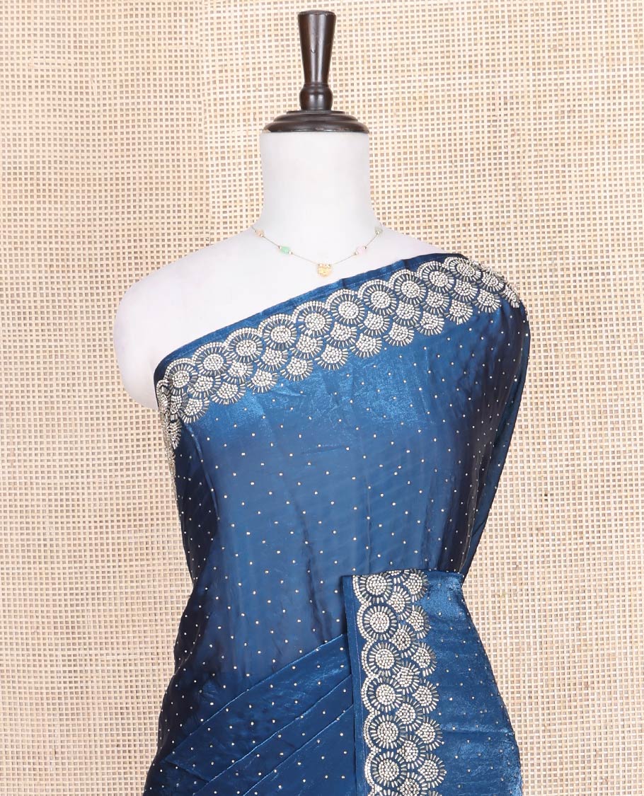 Blue Designer Saree, Prettified with Stone Struck on Its Body, Highlighted by a Stone Embroidered Scallop Border, Self-Pallu, and Paired with a Stone Work Matching Blouse