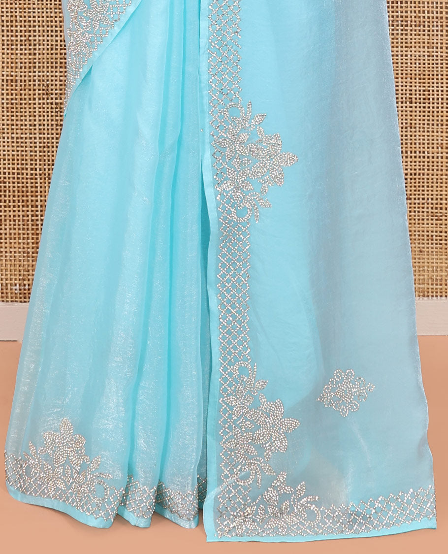 Blue Designer Saree, Spotlighted with Stone Buttas All Over Its Body, Highlighted by Intricately Stone Work Border, and Paired with a Matching Blouse