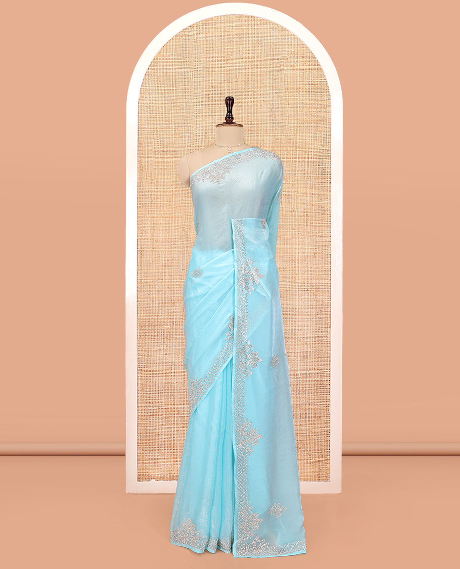 Blue Designer Saree, Spotlighted with Stone Buttas All Over Its Body, Highlighted by Intricately Stone Work Border, and Paired with a Matching Blouse