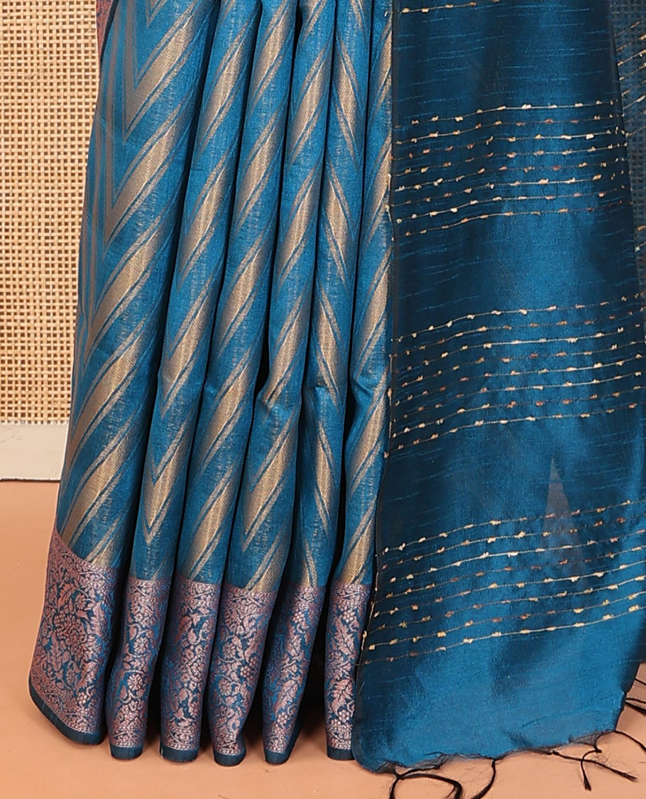 Blue chevron striped dupion saree, intricate floral design border, and thread striped pallu