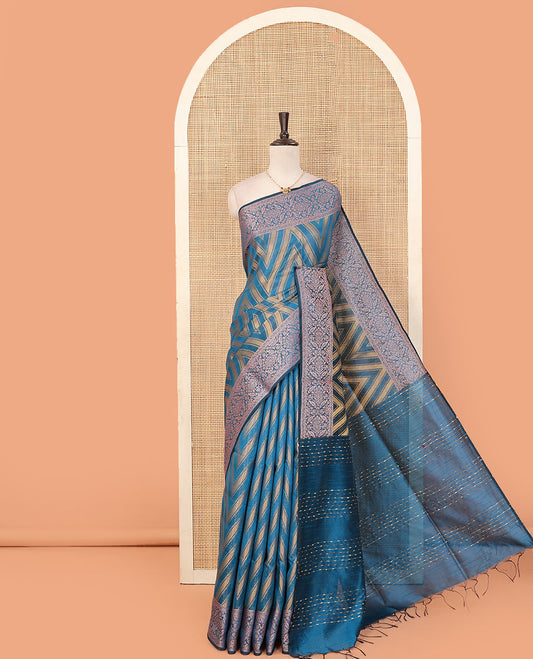 Blue chevron striped dupion saree, intricate floral design border, and thread striped pallu