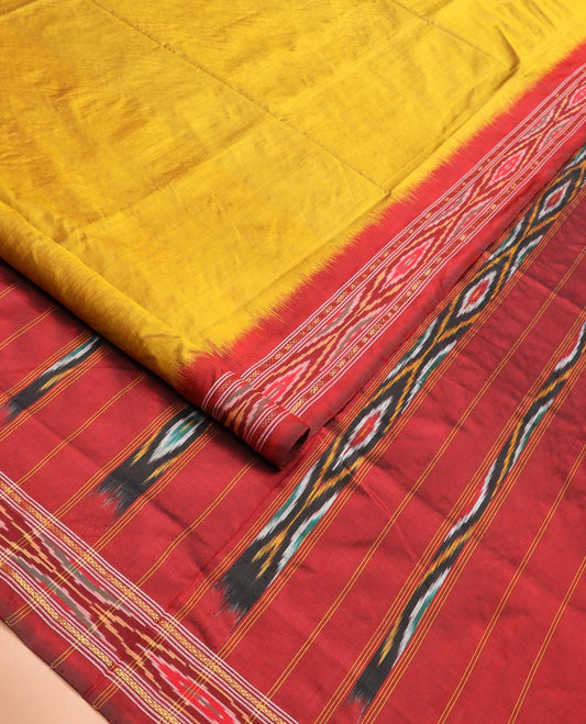 Mustard Plain Ikkat Silk Saree with a Contrast Border Enhanced by an Ikkat Weave, Pallu Features Stripes and Ikkat Texture