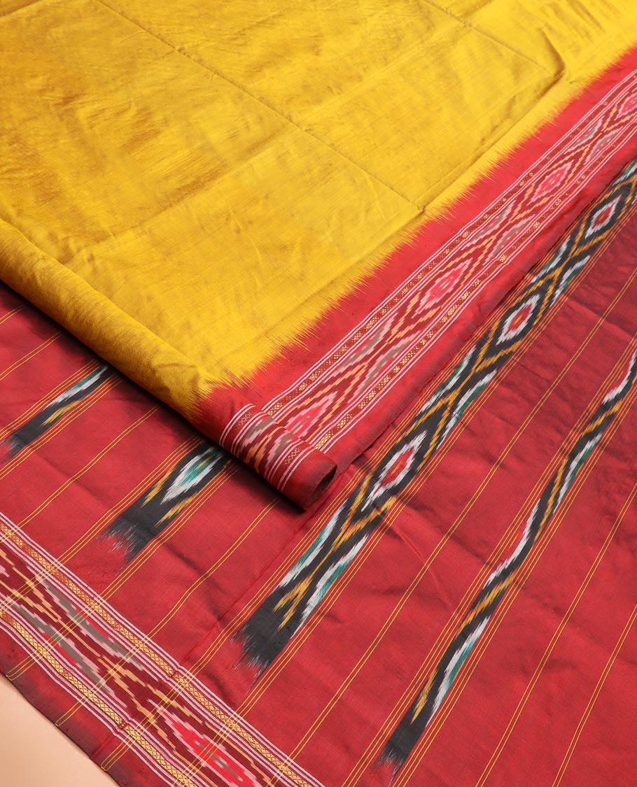Mustard Plain Ikkat Silk Saree with a Contrast Border Enhanced by an Ikkat Weave, Pallu Features Stripes and Ikkat Texture