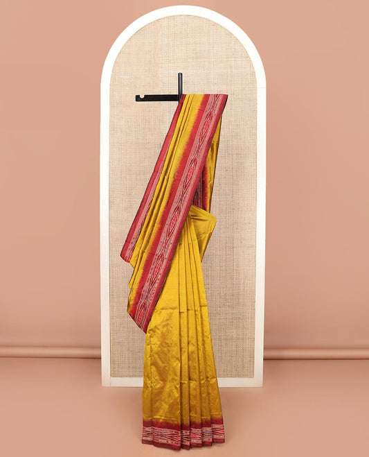 Mustard Plain Ikkat Silk Saree with a Contrast Border Enhanced by an Ikkat Weave, Pallu Features Stripes and Ikkat Texture