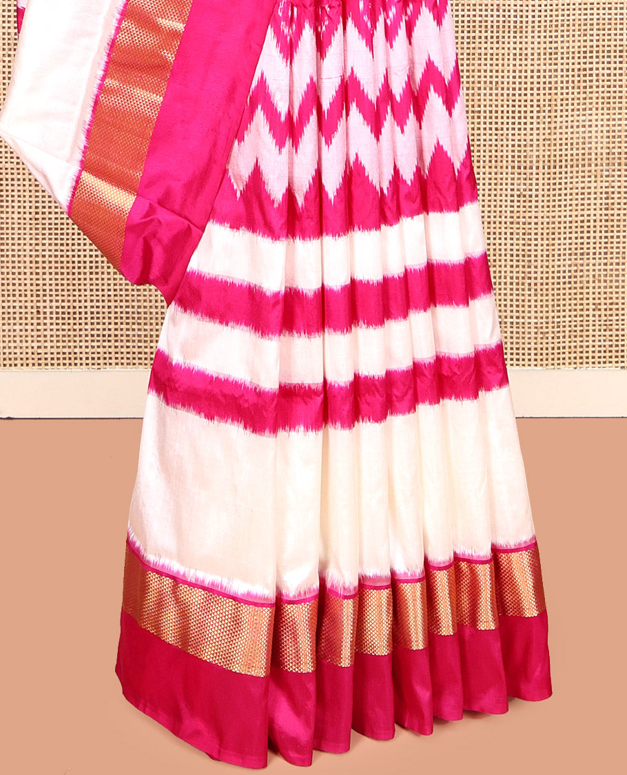 Pink-White Pochampally Ikat Saree, Mesmerized with Geometric Ikat Designs, a Contrast Zari Border, Ikat-Style Jaal Pallu, and a Contrast Blouse