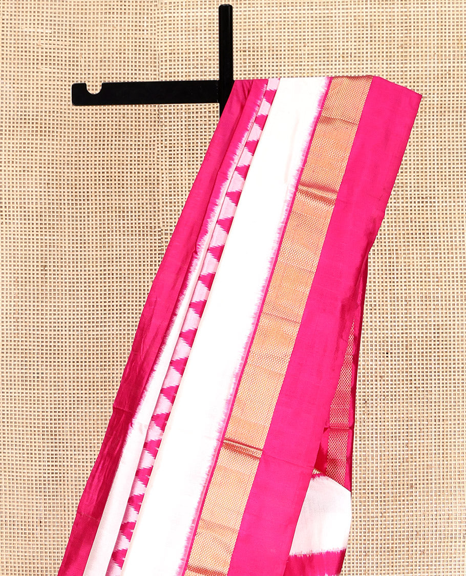 Pink-White Pochampally Ikat Saree, Mesmerized with Geometric Ikat Designs, a Contrast Zari Border, Ikat-Style Jaal Pallu, and a Contrast Blouse