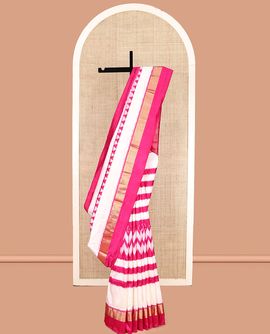 Pink-White Pochampally Ikat Saree, Mesmerized with Geometric Ikat Designs, a Contrast Zari Border, Ikat-Style Jaal Pallu, and a Contrast Blouse