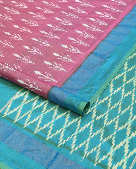 Pink ikkat saree with buttas, contrast border & pallu of ikkat jaal design